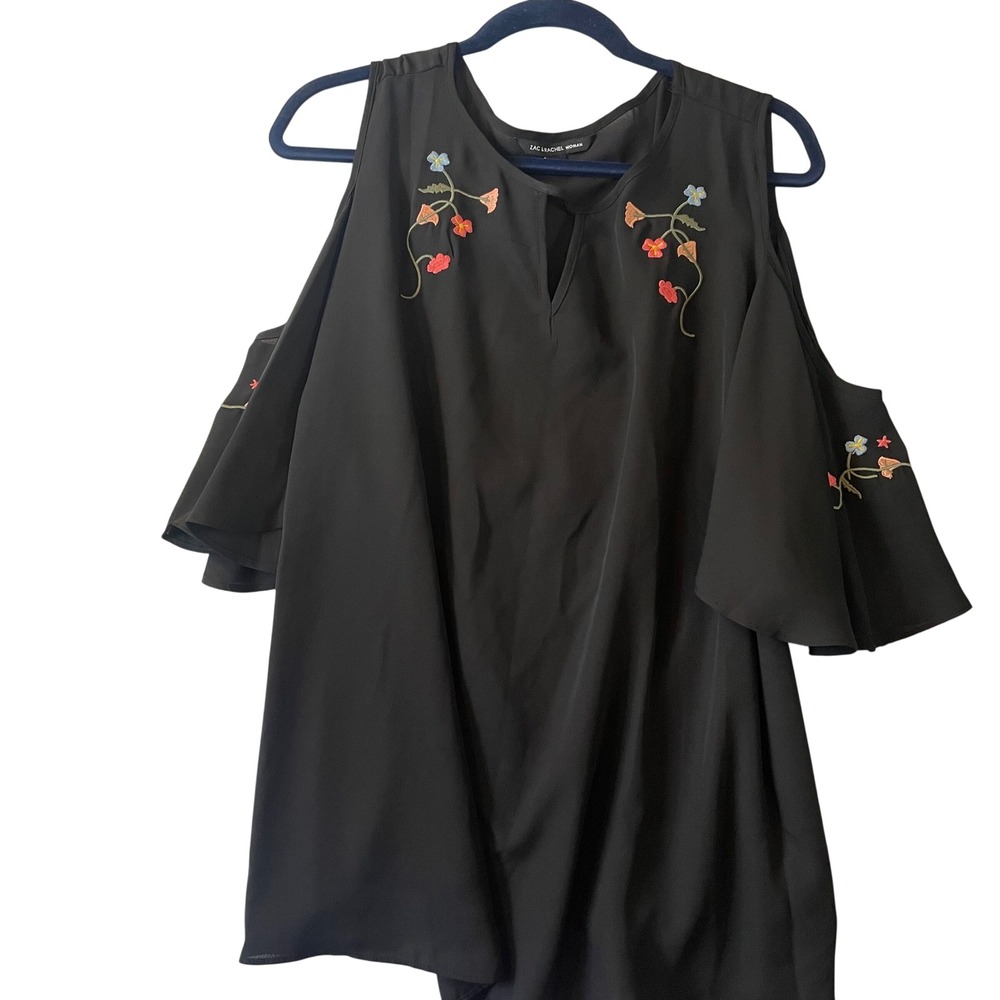 Zac & Rachel Woman Black Cold Shoulder Floral Embroidered Blouse 2X Plus Size